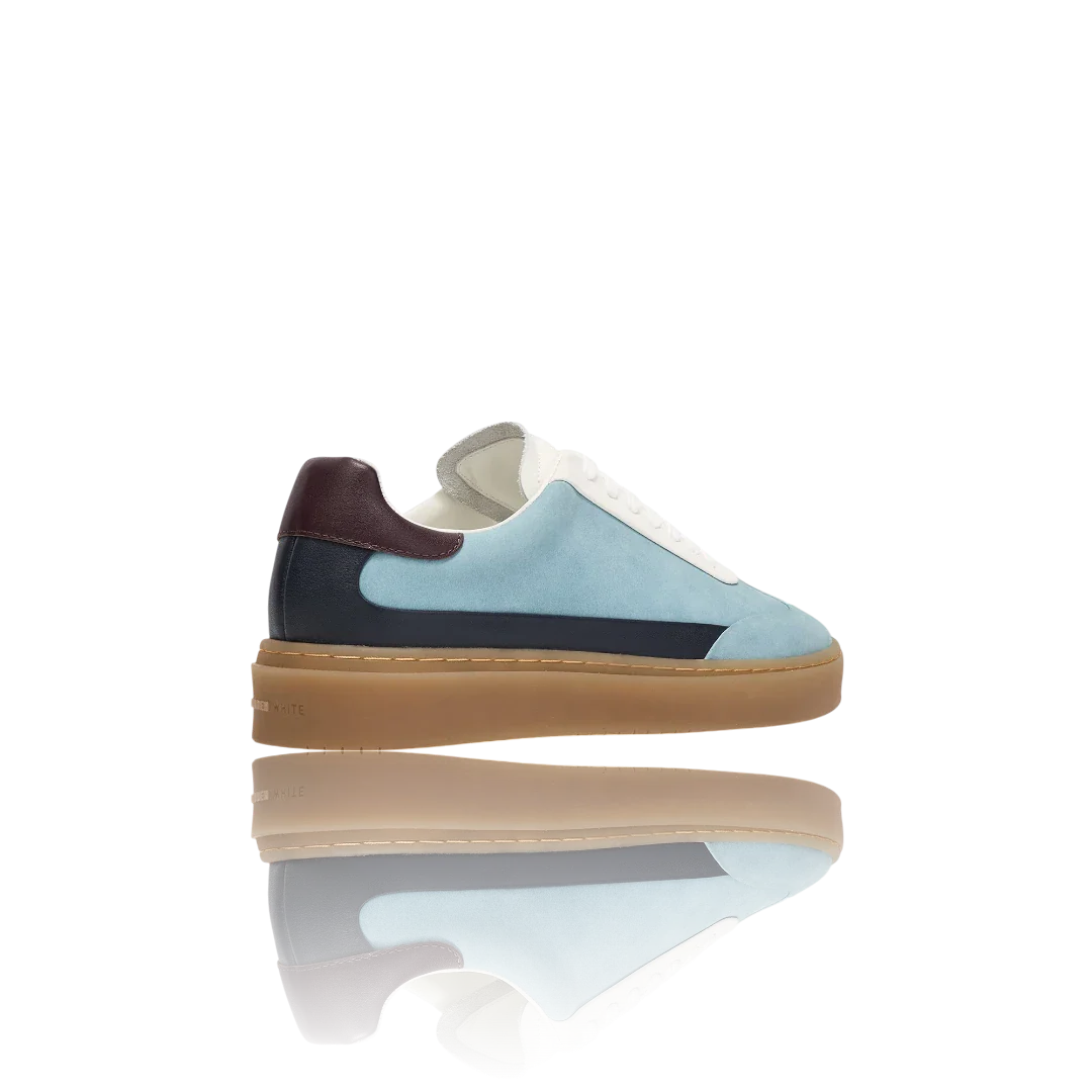 Pale Blue Burgundy White Leather-Trimmed Suede Sneakers