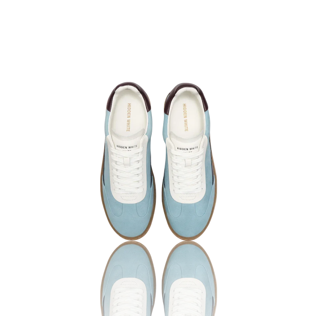 Pale Blue Burgundy White Leather-Trimmed Suede Sneakers